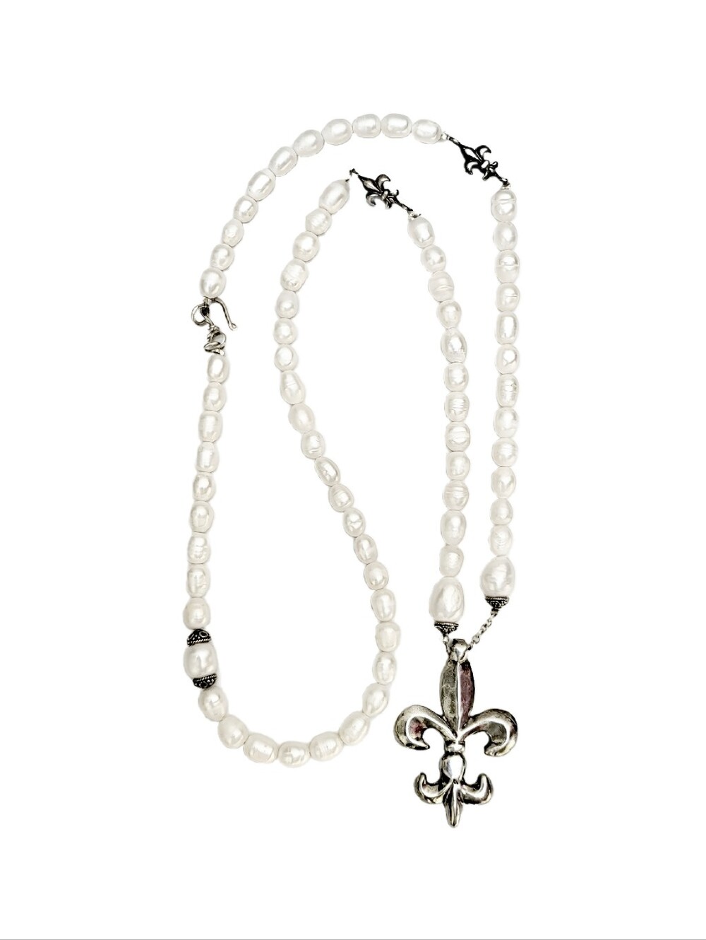 Sterling Silver Large Fleur-de-lis and Pearl Wrap Necklace